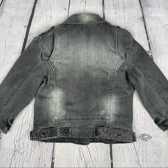 DOMINO women's black grey denim distressed moto jean jacket 3/4 sleeves, size M - Picture 2 of 13